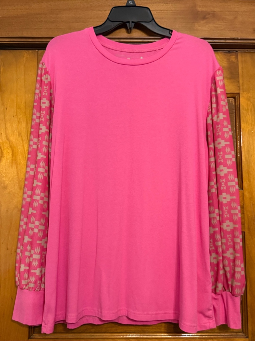 Bright Pink Women’s Long-Sleeve Top with Patterned Sleeves